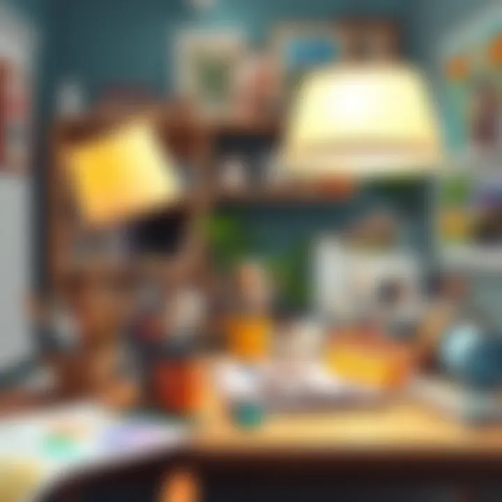 Artist's Workspace with Creative Supplies An artist's workspace filled with painting supplies and a lampshade