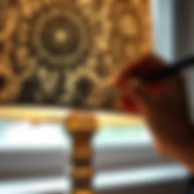 Intricate Designs on a Lampshade A close-up of a hand painting intricate designs on a lampshade