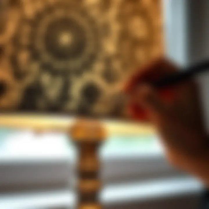 Intricate Designs on a Lampshade A close-up of a hand painting intricate designs on a lampshade
