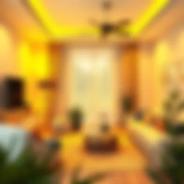 Cozy Living Room with Warm Lighting A cozy living room illuminated with warm yellow light, highlighting the importance of light color in interior design.