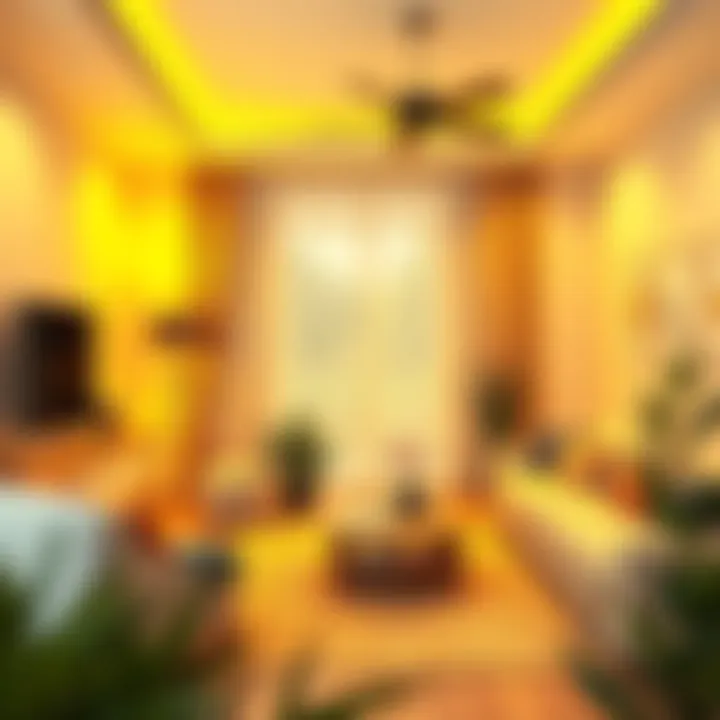 Cozy Living Room with Warm Lighting A cozy living room illuminated with warm yellow light, highlighting the importance of light color in interior design.