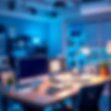 Productive Workspace with Cool Lighting A workspace with cool blue lighting, emphasizing productivity and focus in a professional setting.