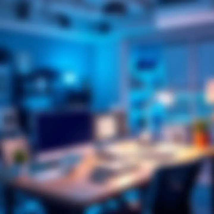 Productive Workspace with Cool Lighting A workspace with cool blue lighting, emphasizing productivity and focus in a professional setting.