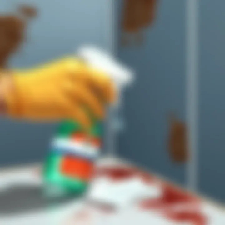 A hand applying a cleaning solution to a stained area