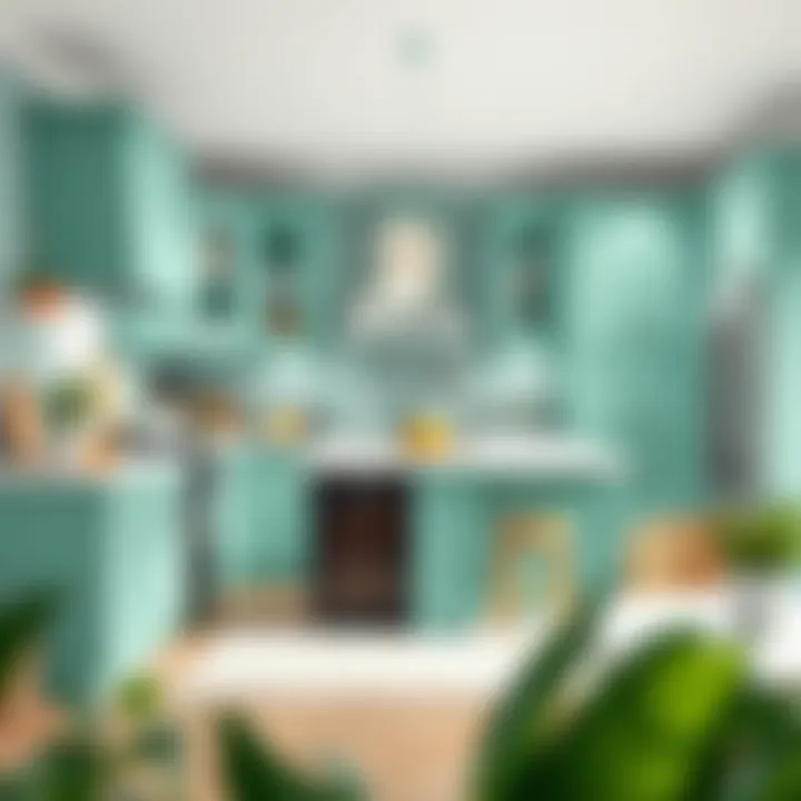 Stylish aqua green cabinets paired with contemporary décor.