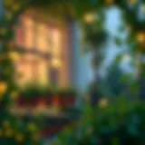 Elegant balcony with lush greenery and decorative lights