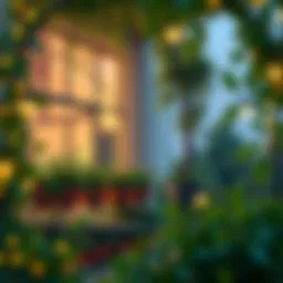 Elegant balcony with lush greenery and decorative lights