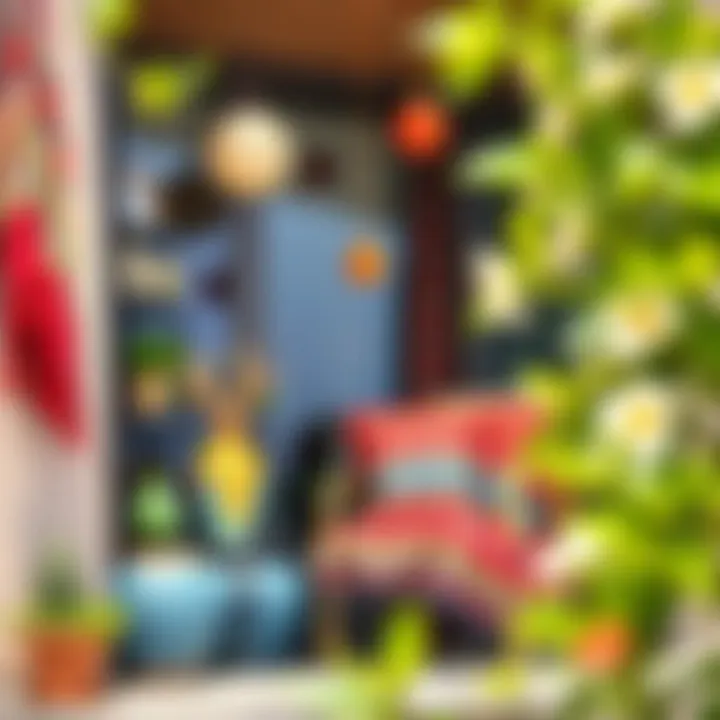 Stylish balcony adorned with artistic decorations and colorful textiles