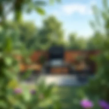 Lush greenery surrounding a modern barbecue terrace.