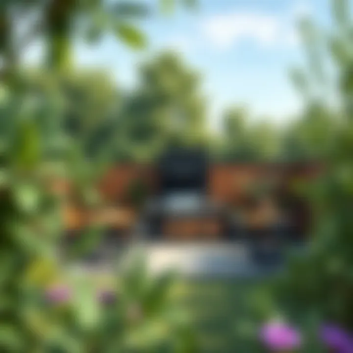 Lush greenery surrounding a modern barbecue terrace.