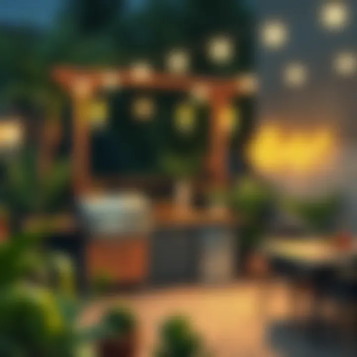 Stylish barbecue terrace with ambient lighting.