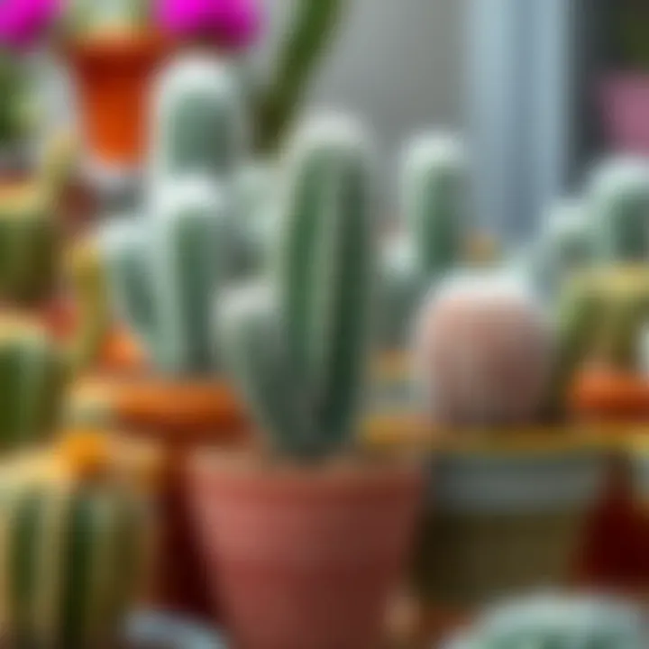 A collection of white spiny cacti in decorative pots, highlighting their versatility.