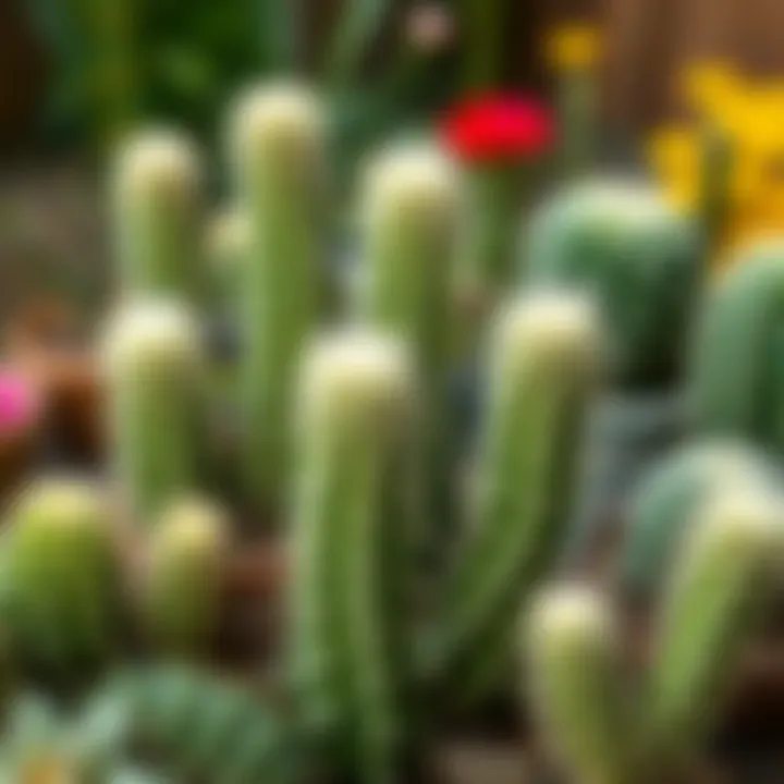 An artistic arrangement of white spiny cacti in a garden setting.