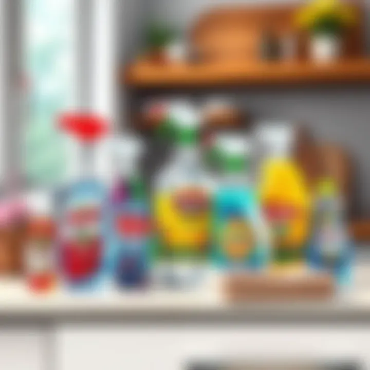 Various cleaning solutions for glass cloths displayed on a countertop