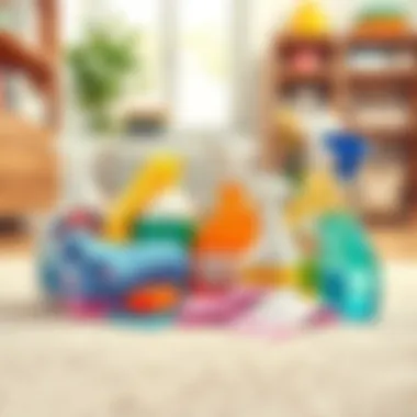 Cleaning Supplies for Carpets Various cleaning supplies arranged neatly on a surface