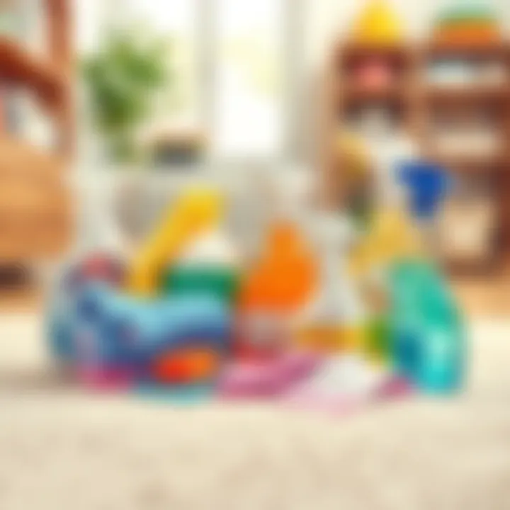 Cleaning Supplies for Carpets Various cleaning supplies arranged neatly on a surface