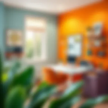 A creative workspace featuring bold accent wall colors