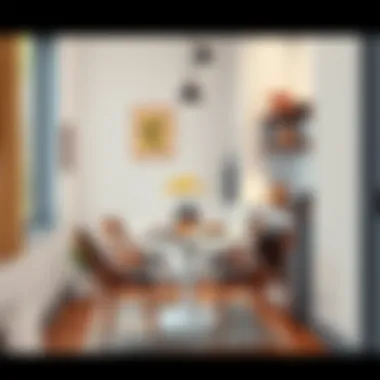 Stylish dining setup with narrow kitchen table and decorative elements