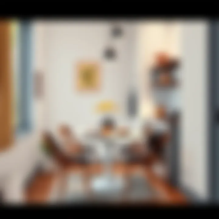 Stylish dining setup with narrow kitchen table and decorative elements