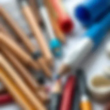 A close-up of various drawing materials spread out