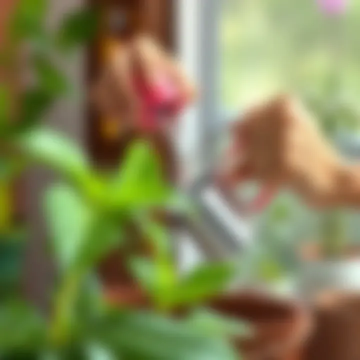 A person gently watering a Difenbahya plant to ensure its healthy growth