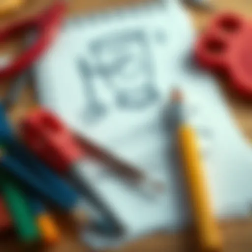 Artistic representation of drawing tools and sketches.