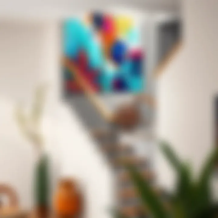 Vibrant wall art complementing staircase