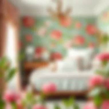 Floral Elegance in Serene Bedrooms A cozy bedroom featuring floral wallpaper that adds a touch of elegance.