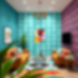 A vibrant living room adorned with trendy wallpaper in bold geometric patterns.