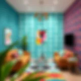 Geometric Patterns Transforming Modern Spaces A vibrant living room adorned with trendy wallpaper in bold geometric patterns.