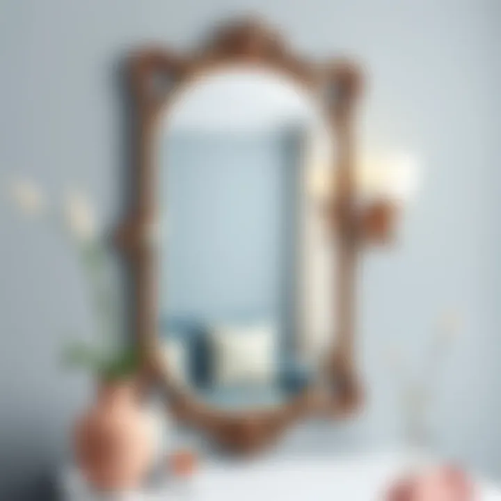 Stylish Mirror with Unique Frame Design A stylishly decorated mirror showcasing a unique frame