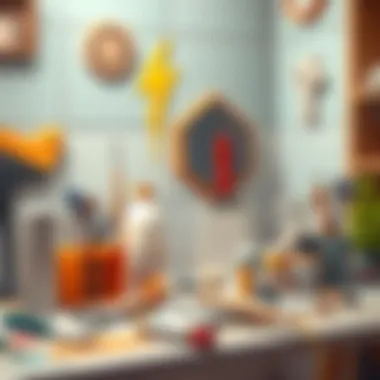 DIY tile painting workspace with tools and paints