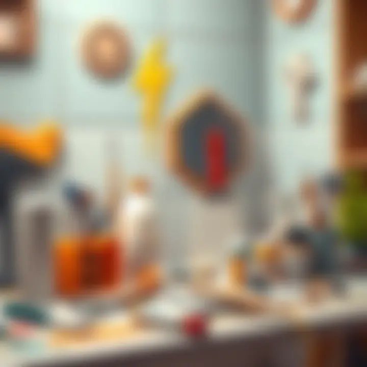 DIY tile painting workspace with tools and paints