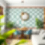 A beautifully decorated wall showcasing wallpaper over tiles