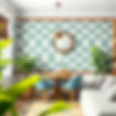 A beautifully decorated wall showcasing wallpaper over tiles