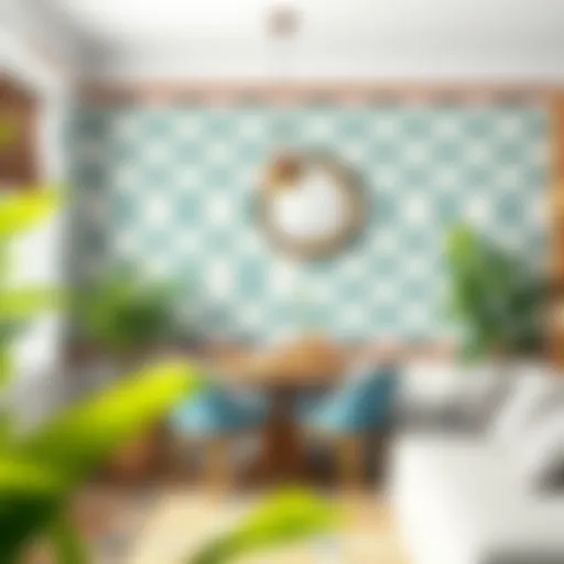 A beautifully decorated wall showcasing wallpaper over tiles