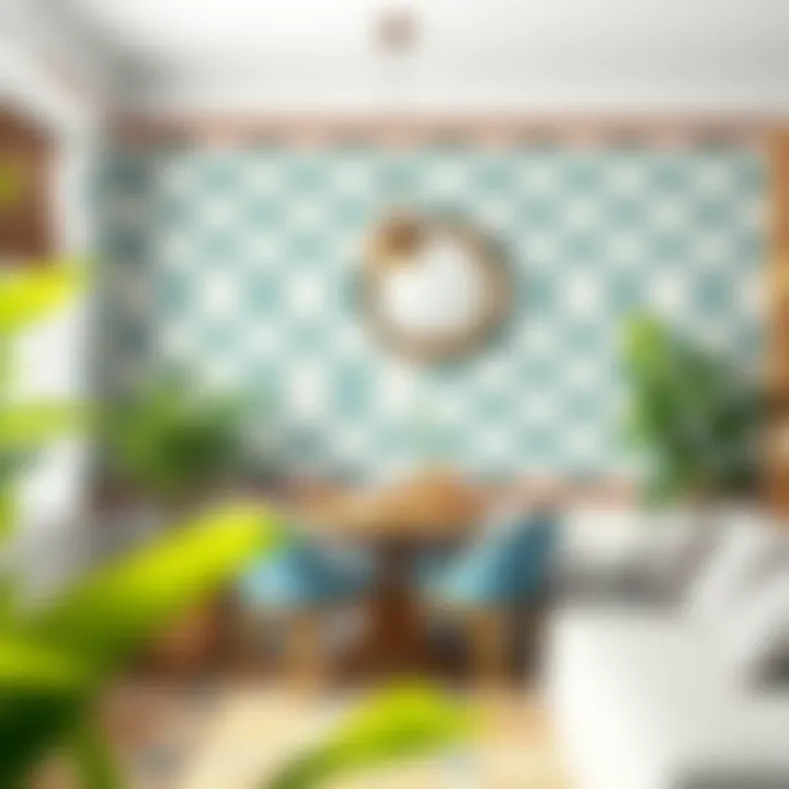 A beautifully decorated wall showcasing wallpaper over tiles