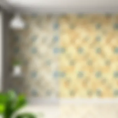 Before and after comparison of tiled surfaces with wallpaper