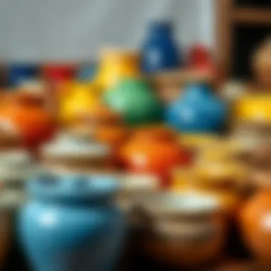 An array of finished ceramic artworks showcasing different colors