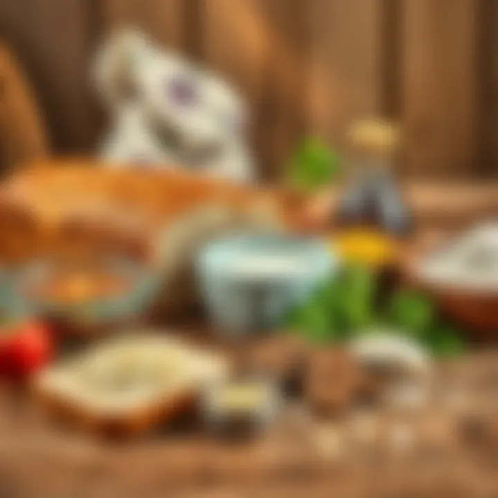 Ingredients for homemade bread laid out on a wooden table