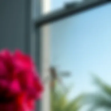 A close-up of a framed insect screen installed on a window