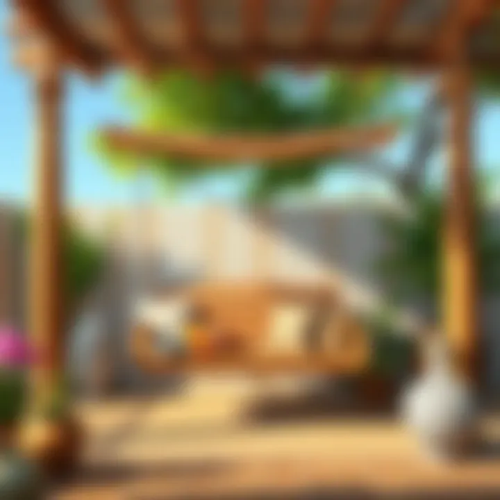 Comfortable seating area of a wooden swing under a shade.