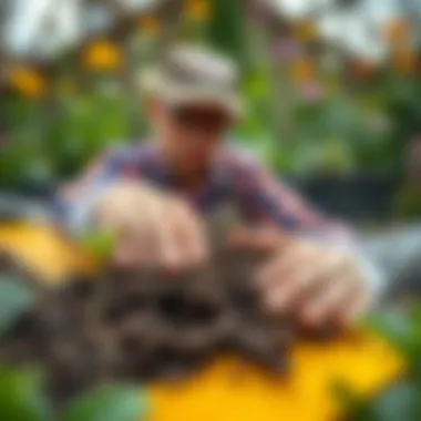 A gardener examining soil, emphasizing the importance of soil health.