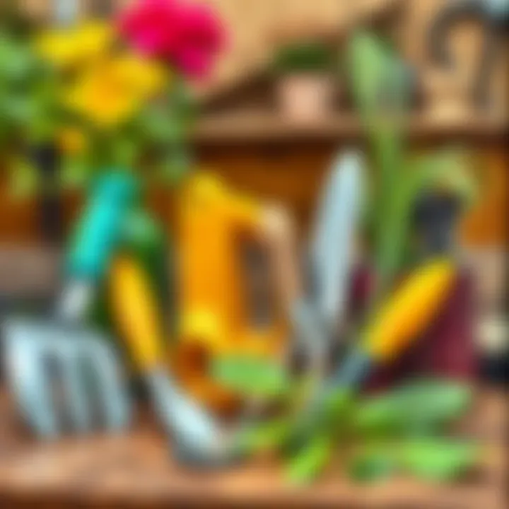 Gardening tools neatly arranged on a table