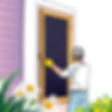 A person installing a framed insect screen on a door frame