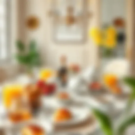 Elegant Breakfast Setting A beautifully arranged breakfast table with various dishes and decorations