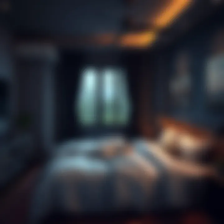 Cozy Bedroom with Dark Tones Cozy bedroom showcasing dark tones and ambient lighting