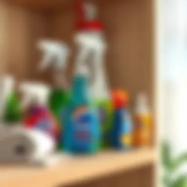 A close-up of cleaning supplies on a shelf