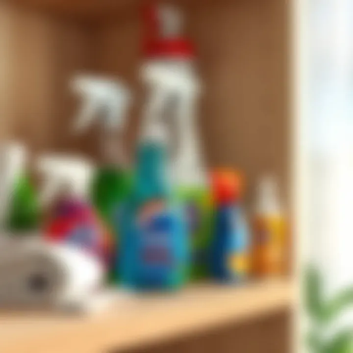 A close-up of cleaning supplies on a shelf