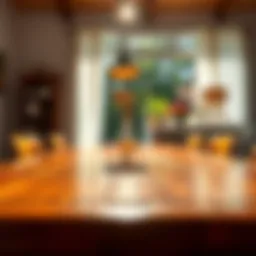 A pristine wooden table reflecting sunlight